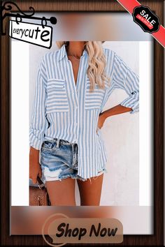 Light Blue Stripe Button Long Sleeve Shirt with Pocket Casual Blue Shirt With Buttoned Pockets, Blue Button-down Shirt For Vacation, Casual Blue Blouse With Button Closure, Blue Button-up Blouse With Pockets, Blue Button-up Blouse For Vacation, Summer Long Sleeve Shirt With Buttoned Pockets, Blue Button-up Blouse With Roll-up Sleeves, Blue Shirt With Pockets For Vacation, Blue Summer Blouse With Roll-up Sleeves