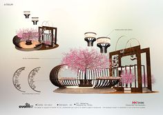 an advertisement for a new home with pink flowers in the center and other decorations around it