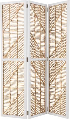 a room divider made out of wood and rattan with white trimmings