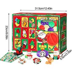 a christmas themed game set with toys and instructions on the front, including an image of santa's helper