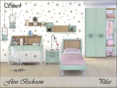 a bedroom with stars on the wall and furniture in pastel green, pink and white