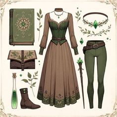 a paper doll is dressed up in green and brown clothing with accessories for the costume