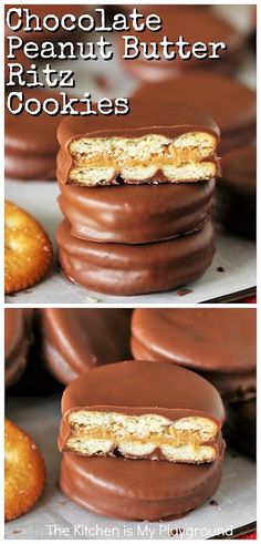 chocolate peanut butter cookies stacked on top of each other with the words, chocolate peanut butter cookies