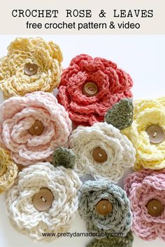 crochet rose and leaf pattern with buttons on the side, in different colors