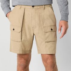 You'll be ready for adventure in style in these St. John's Bay men's hiking cargo shorts. They're made from 100% cotton and have a regular-fit, a button-zip fly, side slip pockets, front and back button pockets, and a comfortable 7-inch length. Front Style: Flat FrontClosure Type: Button, ZipperFit: Regular FitPockets: 2 Side Slip Pockets, 2 Back Button Pockets, 2 Front Button PocketsRise: At WaistShort Length: Short LengthFiber Content: 100% CottonFabric Description: OxfordInseam: 7 InCare: Tum Cargo Short, Cargo Shorts Men, Mens Cargo, Shorts Cargo, Cargo Shorts, Hiking, Canvas