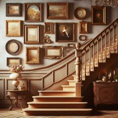 a staircase with many pictures on the wall