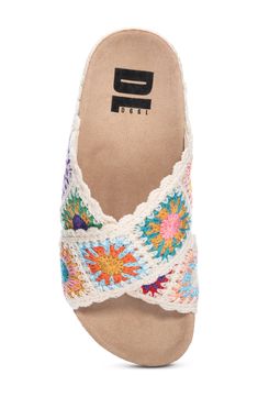 Handcrafted granny squares add an artisanal touch to a slide sandal that grounds you on a contoured footbed. Textile upper/synthetic lining and sole Imported Crochet Sandals Women, Cream Sandals, Fringed Belt, Crochet Sandals, Lipstick Bag, Chain Strap Bag, Dirty Laundry, Floral Shoes, Mary Jane Flats