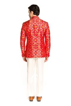 Red bandhgala featuring patola pattern all over. Paired with a solid pant. - Aza Fashions Patola Pattern, Band Collar, Full Sleeves, Aza Fashion, Full Sleeve, Mens Pants, Band, Collar, Pants