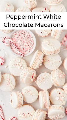 peppermint white chocolate macarons with candy canes and candies in the background