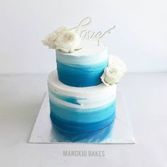 there is a blue and white cake with flowers on top