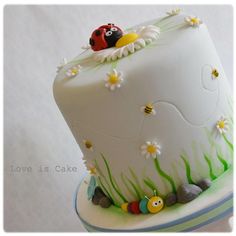 a white cake decorated with ladybugs and daisies on it's side