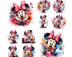 some minnie mouses with different expressions and colors on their faces, all in pink