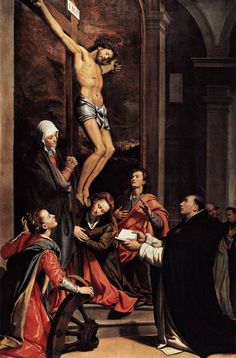 the crucifixion is depicted in this painting, with many people around it