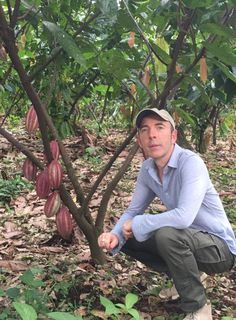 a man kneeling down in front of a tree with fruit growing on it's branches