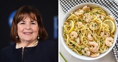 a woman is smiling next to a bowl of pasta with shrimp