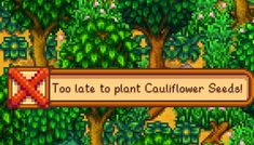 the title screen for too late to plant cauliflower seeds, with trees in the background