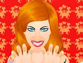 a woman with red hair and blue eyes is holding her hands up in front of her face