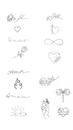 several different handwritten tattoos are shown in this drawing style, with hearts and flowers on them