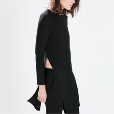 Nwot Zara Black Sweater Long Sleeve Top With Side Slits Size Large Women’s Chic Crew Neck Outerwear For Layering, Chic Fitted Outerwear With Crew Neck, Elegant Black Crew Neck Outerwear, Edgy Long Sleeve Outerwear For Office, Structured Tops For Work In Fall, Structured Tops For Fall Workwear, Zara Black Outerwear For Layering, Structured Fall Workwear Tops, Sleek Winter Workwear Tops