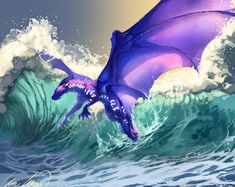 a purple dragon flying over the ocean waves