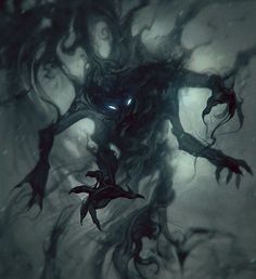 an evil creature with large eyes and long hair is depicted in the dark night sky