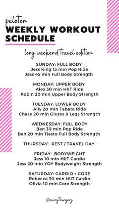 the weekly workout schedule is shown with pink and white stripes on it's side