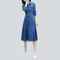 Introducing our 2023 Spring-Summer Collection '90s trend long sleeves buttoned denim dress ââ‚?the perfect mix of everlasting and contemporary!Why You'll Love ItThis edgy denim dress is the perfect way to add a touch of grunge and sophistication to your wardrobe. With its mid wash and distinct distressed pattern. plus its maxi sleeves and buttoned closure. it's designed to hug your silhouette while ensuring comfort. Crafted with premium quality denim. this dress is guaranteed to provide durabili Trendy Long Sleeve Dresses With Pockets, Non-stretch Long Sleeve Denim Dress, Non-stretch Buttoned Denim Dress For Fall, Dark Wash Buttoned Dress For Fall, Dark Wash Long Sleeve Dress With Buttons, Denim Blue Buttoned Dress For Fall, Trendy Non-stretch Denim Dress For Fall, Fall Midi-length Denim Dress With Buttons, Trendy Fall Midi Dress With Button Closure