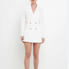 Endless Rose Blazer Cutout Romper. Perfect For Engagement/Bridal Events! It Is Super Flattering On! I Personally Bought This For My Engagement Photos And Will Wear Out To Dinner With Friends! Purchased In Multiple Sizes And Never Wore The Small! Still Has All Tags Attached And Paper Covering Buttons. Still In Plastic Bag It Came In! White Blazer Dress For Wedding, Out To Dinner With Friends, Pink Long Sleeve Dress, Black Tunic Dress, Long Sleeve Chiffon Dress, Bridal Events, Nature Vibes, Satin Romper, Blazer Mini Dress