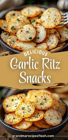 garlic ritz snacks in a black bowl with a fork on the side and text overlay that reads delicious garlic ritz snacks