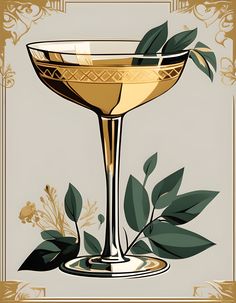 an illustration of a golden cocktail glass with leaves on the rim and gold trim around it