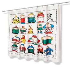 a shower curtain with an image of cartoon characters hanging on it's rod ends