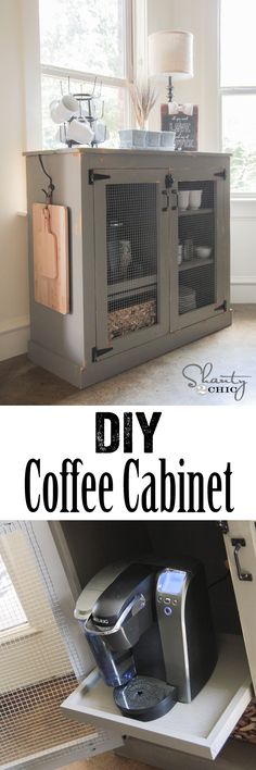 the diy coffee cabinet is open to reveal its contents