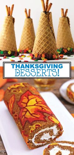 an image of thanksgiving desserts with cones on top