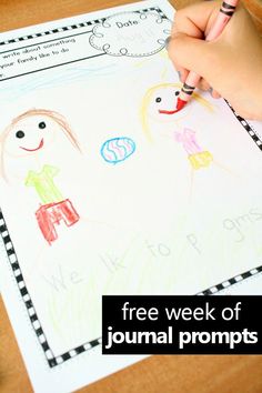 a child's hand writing on a paper with the words free week of journal prompts