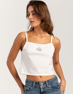 Levi's Coast To Coast 90s Tank Top. Graphic Screened At Center Chest. Straight Neckline. Fixed Spaghetti Straps. 92% Cotton, 8% Elastane. Machine Wash. Imported. Model Is Wearing A Size Small. Model Measurements:height: 5'8" Bust: 34"waist: 25"hips: 37.5" Fitted Cami Top With 90s Style, 90s Cropped Tops For Summer, 90s Style Cotton Tank Top For Summer, 90s Inspired Cotton Crop Top For Summer, 90s Inspired Spring Crop Top, Fitted 90s Inspired Summer Tops, 90s Tank Top, Tank Top Graphic, Levis Outfit