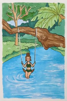 a drawing of a girl swinging on a tree branch over a river with a log in the background