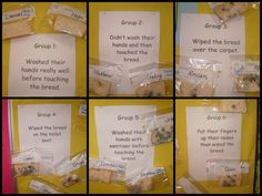 four pictures showing different types of breads in plastic bags with labels on them and instructions for how to use them