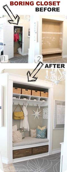 the before and after photos of a closet makeover with white paint, drawers, and shelves