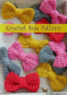 crochet bow pattern in pink, grey and yellow colors with text overlay