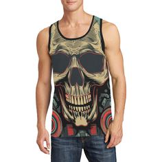 Rad Skull Tank Top Casual Black Skull Print Tank Top, Casual Black Tank Top With Skull Print, Casual Halloween Skull Print Tank Top, Casual Skull Print Tank Top For Streetwear, Halloween Streetwear Casual Tank Top, Halloween Casual Streetwear Tank Top, Casual Halloween Tank Top For Streetwear, Casual Halloween Tank Top, Casual Breathable Tank Top For Streetwear