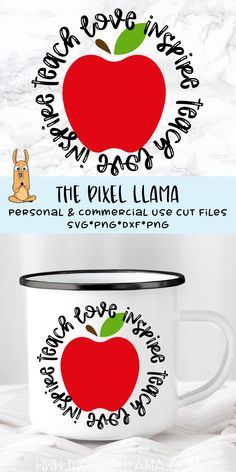 two coffee mugs with an apple and the words, personal & commercial use cut files