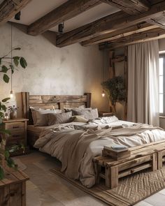 a large bed sitting in a bedroom next to a wooden dresser and window with white curtains