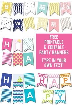 printable party banners and buntings with the words happy birthday on each banner