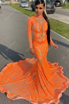 Unique Orange Sequin Plunging Mermaid Prom Dress Long Elegant Prom Dresses, Prom Dresses 2022, Dresses Long Elegant, Neon Prom Dresses, Orange Prom Dresses, Custom Made Prom Dress, Gala Gowns, Prom Girl Dresses, Dresses 2022