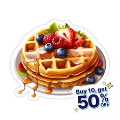 a plate with waffles and berries on it for 50 % off the purchase