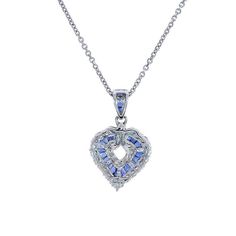 "This marvelous open heart shaped gemstone pendant necklace showcases baguette cut sapphires set in a channel setting & crafted in 14k white gold.The contemporary heart shaped pendant features bright round cut diamonds 0.50 c.t.w., color/clarity G,H-SI alternating with baguette cut sapphires 0.50 c.t.w. Enjoy a matching 14k white gold 18\" long chain with your purchase. Chain secures with lobster claw clasp. Necklace weight is 5.6 grams. For more information, contact Avital & Co Jewelry Diamond Heart Pendant Necklace, Heart Shaped Pendant, Gemstone Pendant Necklace, Channel Setting, Clasp Necklace, Heart Pendant Diamond, Heart Shape Pendant, Gemstone Necklace Pendant, Baguette Cut