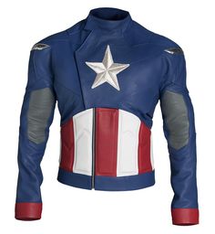 the captain's leather jacket is shown in red, white and blue with silver stars