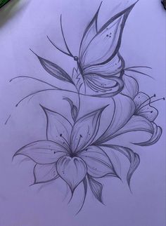 a pencil drawing of flowers and a butterfly