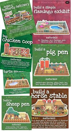 four different types of farm brochures are shown in this image, with the words chicken coop and pig pen on them