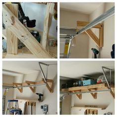 four pictures of the inside of a garage with various tools and accessories on shelves in different stages of construction